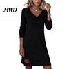 Elegant Simple Dress Cowl Neck Knit for Women, Long Sleeve Ribbed Solid Color Women Mini Sweater Dress, Casual Fall Spring Outfits Mid-length Loose