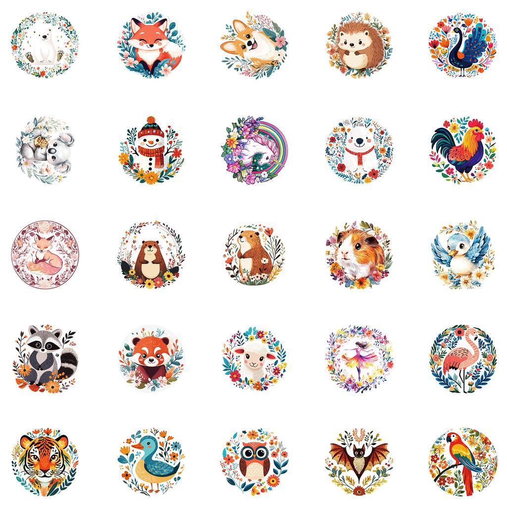 50 Hand-drawn Cartoon Jungle Animals Mix and Match Doodle Stickers Waterproof Stickers Decorative Skateboard Water Cup