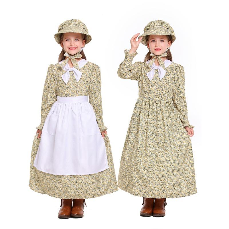 Kids Girls Drama Colonies Pastoral Farm Maid Floral Dress Apron Hat Set Halloween Cosplay Costumes Role Play Outfit