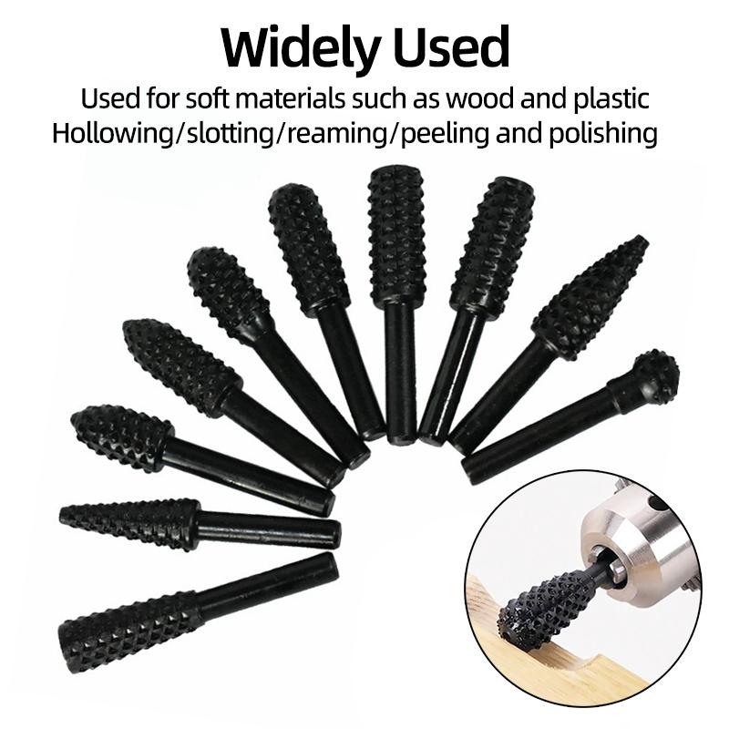 Rotary Rasp File 1/4" Round Shank Woodworking Milling Cutter Burr Drill Bit Set Wood Drilling Carving Deburring Grooving Tools