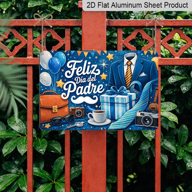 2D Flat, 1pc "Feliz Día Del Padre" Spanish Father's Day Aluminum Sign, 12"×8" - Blue Suit & Gentleman Icons Plaque - Aluminium Wall Hanging for Home