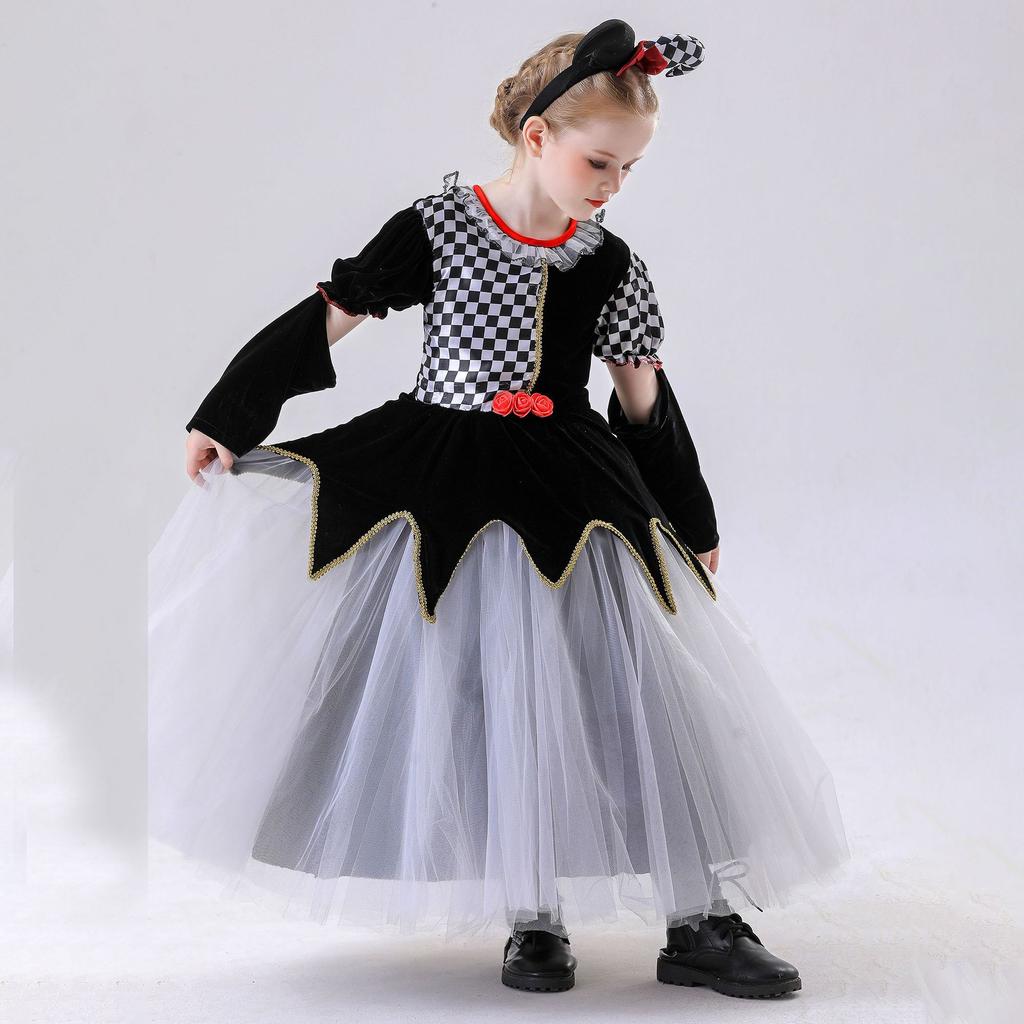 120-150cm Kids Poker Queen Black White Plaid Clown Princess Skirt Halloween Costume