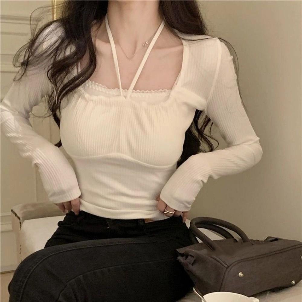 Solid Color Sweet Slim Tops Thin Lace Up T-shirt Soft Long Sleeve T-shirt Spring Autumn