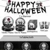 New Halloween Party Supplies Include Paper Plates, Cups, Napkins, Tablecloth, Banner