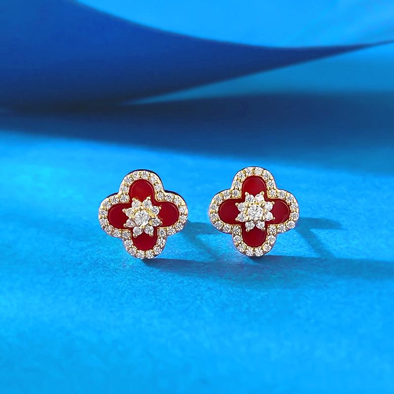 Xiancan Серьги-гвоздики из стерлингового серебра 925 пробы с красным агатом в форме четырехлистника - Элегантная легкая роскошь, модный аксессуар для женщин