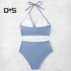 Комплект из 2 предметов: летний комплект бикини, бюстгальтер с лямками на шее и плиссировкой, плавки с высокой талией, однотонный купальник