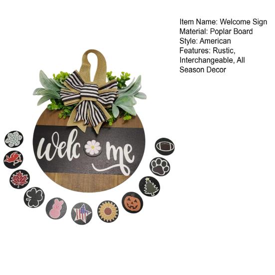 Деревянный приветственный знак, деревенский круглый дверной знак со сменными аксессуарами, венок, приветствие