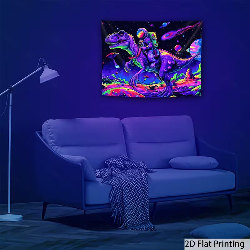 2D Glow in The Dark Astronaut Dinosaur Tapestry, Blacklight Outer Space Wall Hanging for Home Decoration