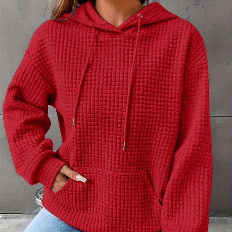 Повседневная толстовка больших размеров, женская однотонная толстовка с капюшоном и завязками с длинными рукавами и вафельным узором, с карманами