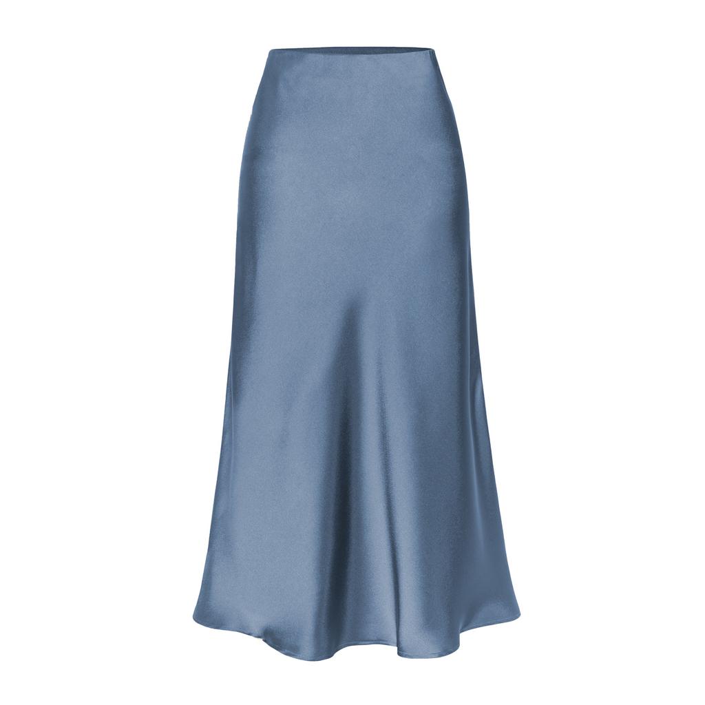 Womens Satin Silk High Waist Slit Midi Skirt Elastic Waistband Midi Skirts for Women