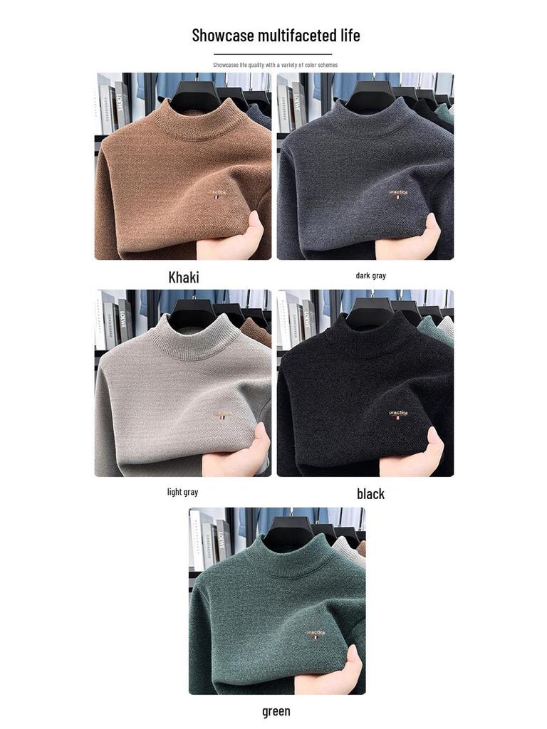 Men's Fleece-Lined Knit Sweater with Half-High Collar and Integrated Fleece Inner Warm Top