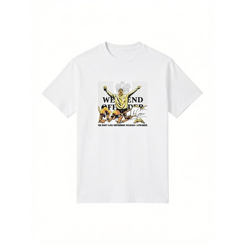 Unisex футболка Y2K Streetwear Weekend Offenders Leo Gregory - Черный Лев и Принт с Текстом на Золотых Полосах, 100% Хлопок, Круглый Вырез, Короткий Рукав, Смелый