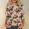 Women's Fashion Loose Casual Seven Sleeve Printed Round Neck Top