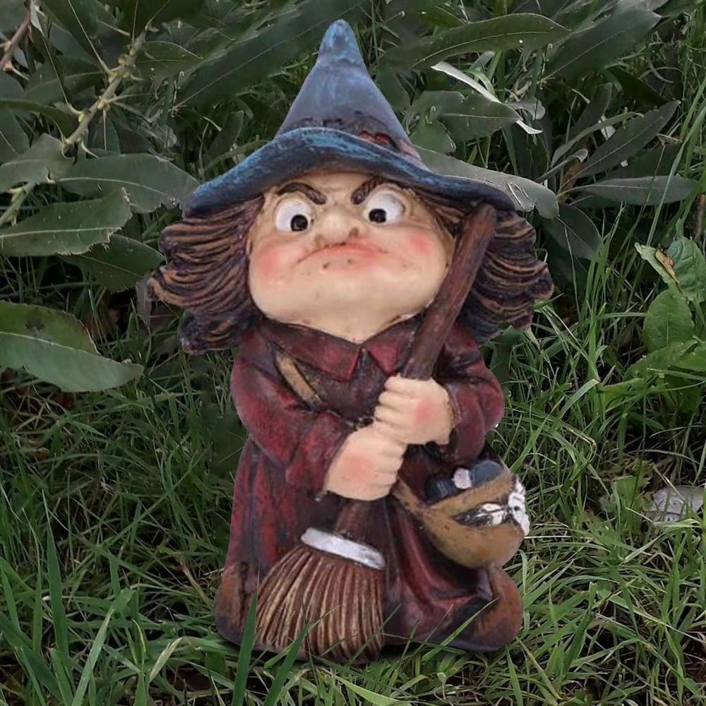 Resin Gnome Statues Funny Garden Dwarf Figurine Halloween Witch Sculpture Lawn Landscape