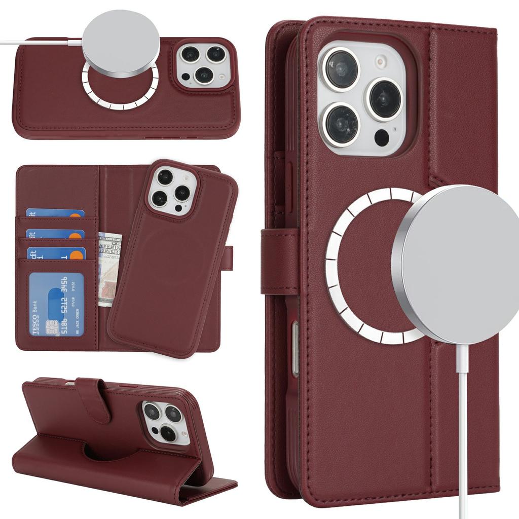 For iPhone 16 Pro Wallet Case Compatible with MagSafe Anti-Drop Detachable PU Leather Phone Cover