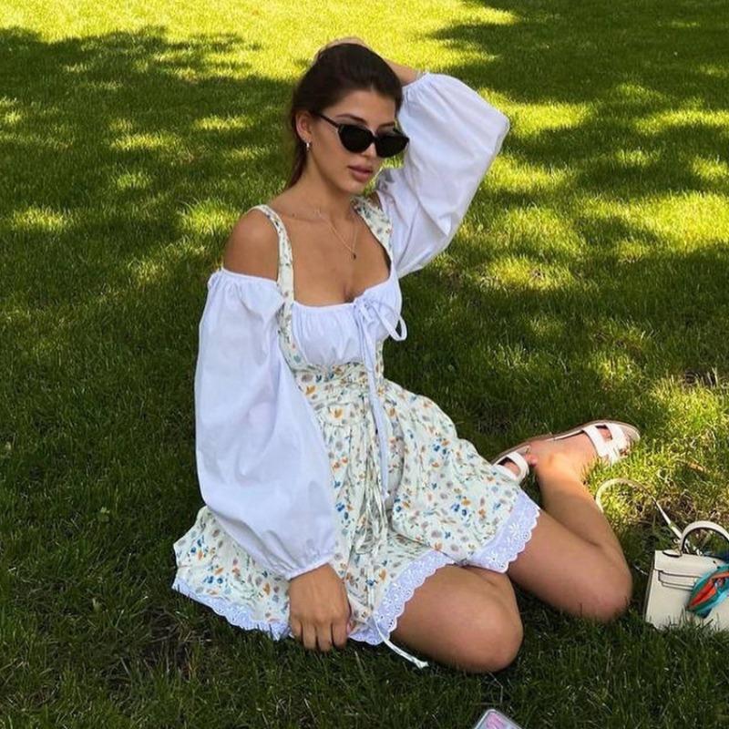 Slimfit сексуальное платье с открытыми плечами и цветочным принтом для женщин, зашнуровать лоскутное мини-платье с длинными рукавами Femme France, винтажное элегантное уличное платье, лето 2024