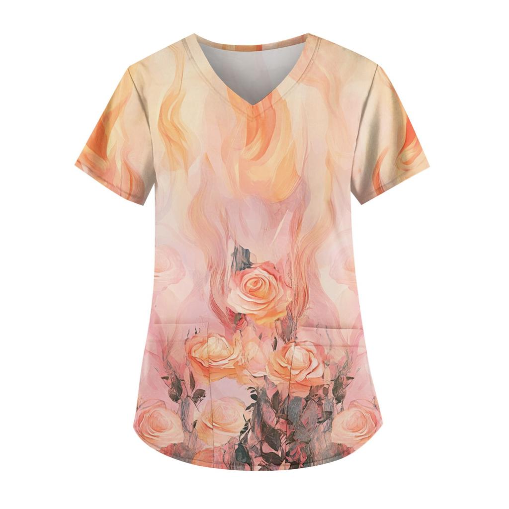 Рабочая форма больших размеров с принтом, топы для женщин, забавные футболки с v-образным вырезом и короткими рукавами, рабочая одежда, футболка с карманами