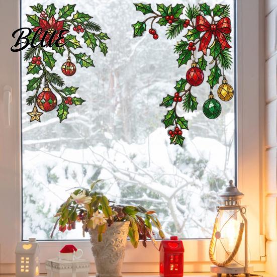 Translucent Glass Decoration 2Pcs Christmas Static Window Clings Corner Wreath No‑Glue Decals with Holly Festive Home Decor Xmas Balls Bow