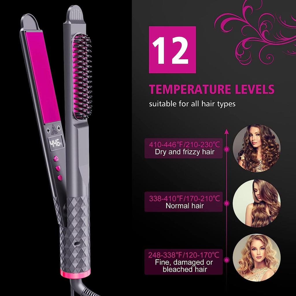Hair Straightener&Curling Flat Iron 3-in-1 Fast Heating Electric Hot Comb Ceramic Ionic Straightener Flat Iron Women Hair Brush