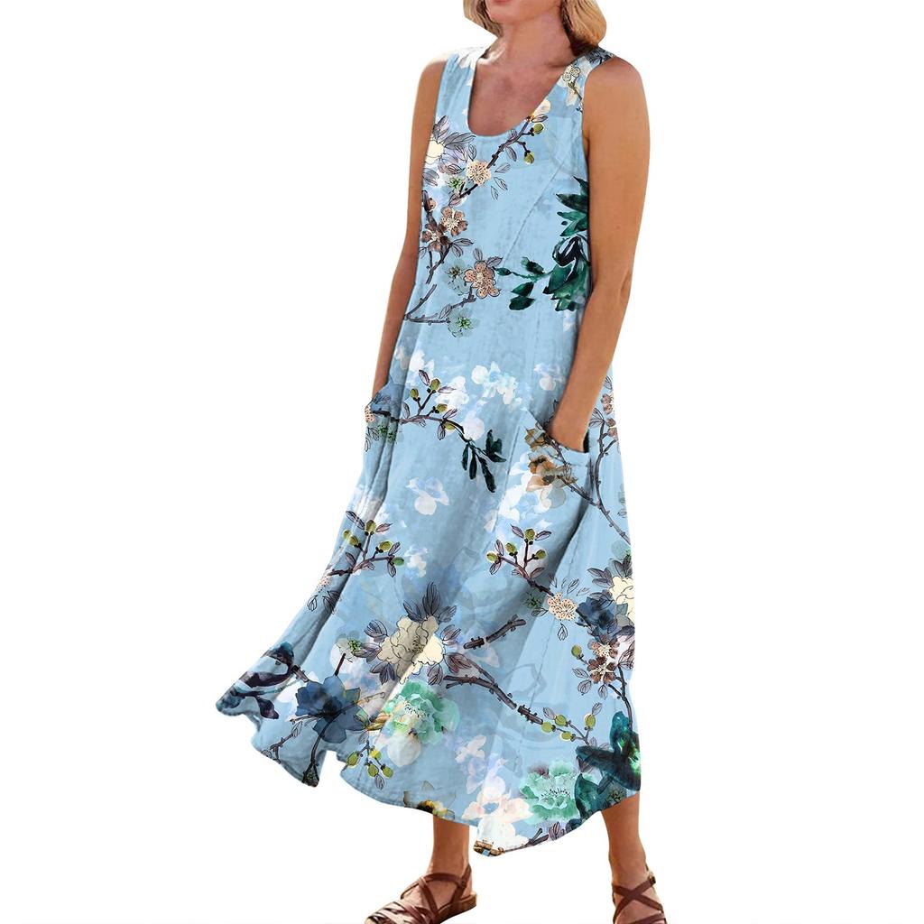 Женское повседневное удобное хлопковое карманное платье без рукавов с цветочным принтом