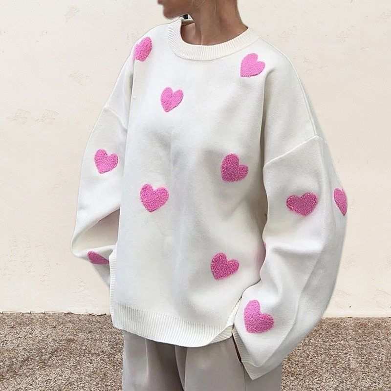and Winter New Embroidered Heart Sweater for Women, Popular on Social Media, European and American Style Knitted Pullover, Cross-Border Amazon Ins