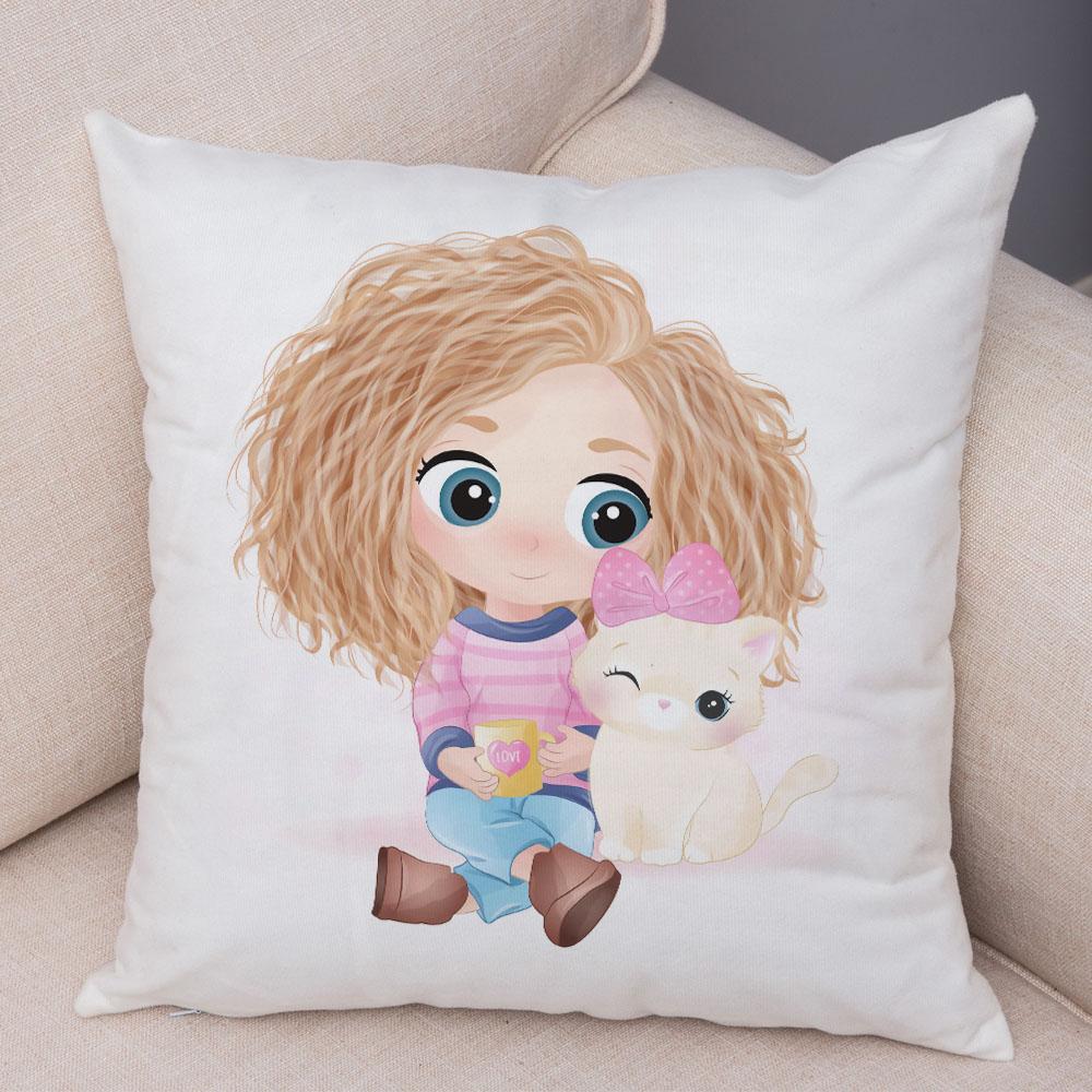 Lovely Girl and Cat Pillowcase Decor Cute Cartoon Child Cushion Cover Plush Pillow Case for Children Room Sofa Home Car xcm