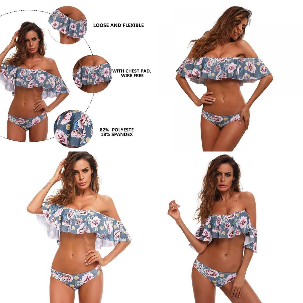 Sexy Off-the-shoulder Bikini With Ruffled Edges And Floral Accents High Quality Polyester Material