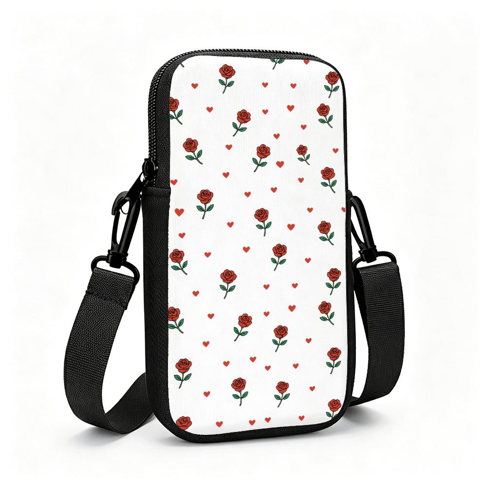 Romantic Red Rose Heart Print Crossbody Phone Bag, Vintage Floral Aesthetic Small Shoulder Purse, Lightweight Wallet Pouch for Women Christmas Gift Pa