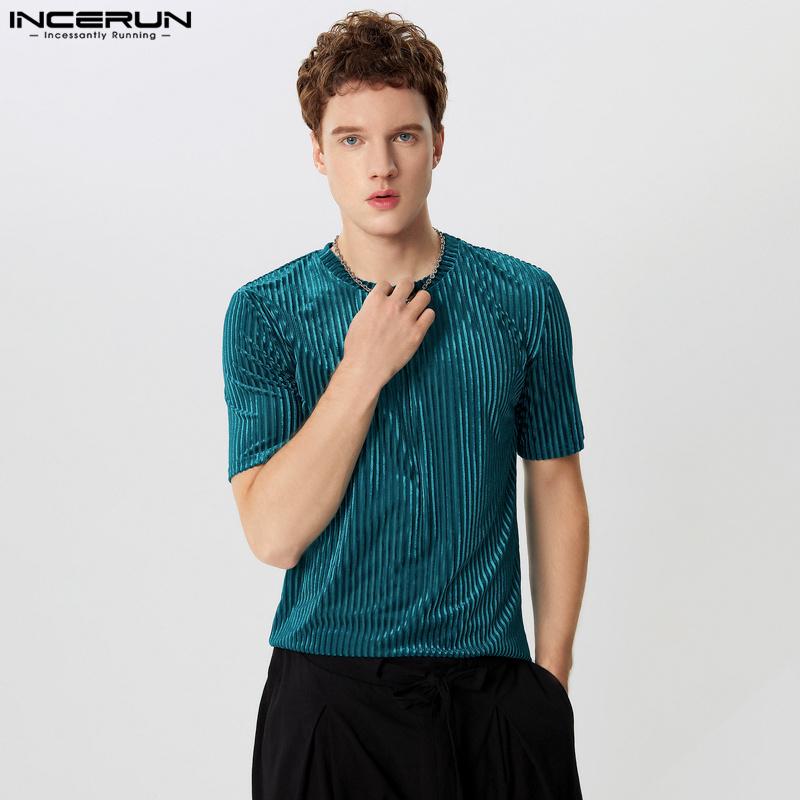 INCERUN Летние мужские футболки с коротким рукавом и круглым вырезом, повседневные блестящие футболки