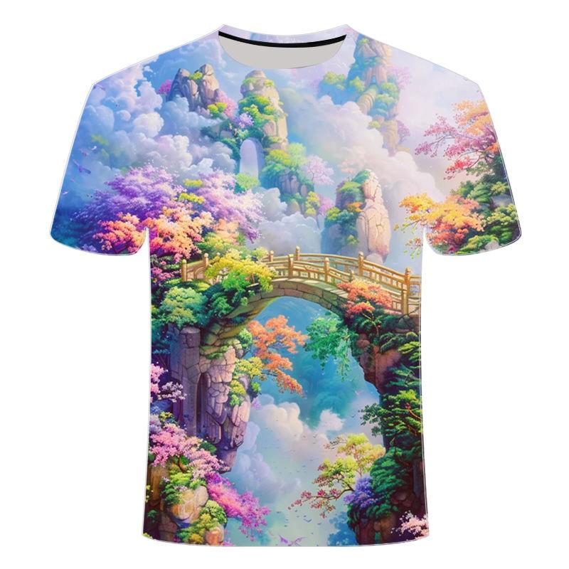 2024 Summer New Men's and Women's 3D Printed Round Neck T-shirt Popular, Stunning Scenery Series