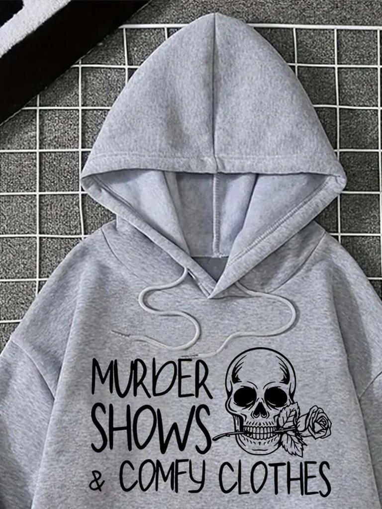 2026 Fashion New Arrival Plus Size Womens Skull Slogan Print Pocket Drawstring Warm Fleece Hoodie Autumn Winter Casual Sweatshirt Basic Top T Shirt