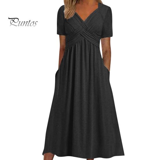 Женское летнее платье с плиссированным ремешком и V-образным вырезом с короткими рукавами, однотонное платье с карманами трапециевидной формы со свободным подолом, дышащее мягкое платье миди для свиданий