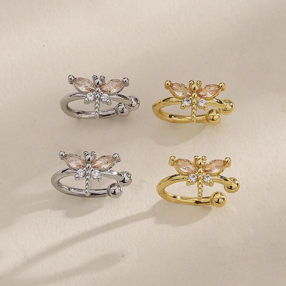 Diamond-Set Dragonfly Ear Clips, Healing System, Childlike, Insect Ear Bone Clips, Clip-Type Stud Earrings, Elf Earrings, No Earholes.
