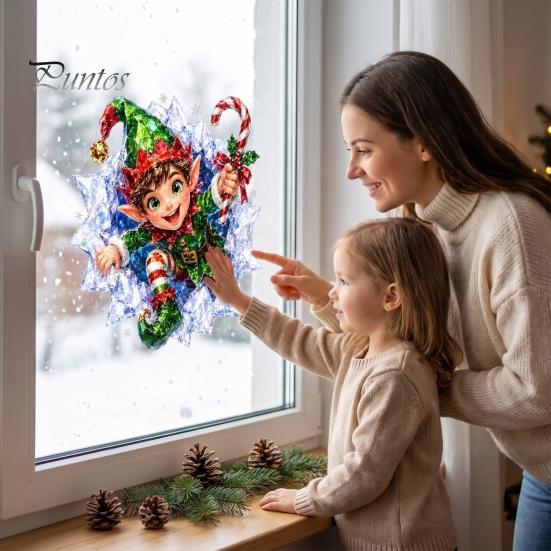 Самоклеящиеся наклейки на стену, 3D Рождественские статические наклейки на окна, Наклейки на стекло Дед Мороз Снеговик Олень, Легко наносящиеся графика, ПВХ Праздничные наклейки