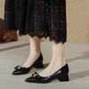 Black Temperament High Heels Thick Heel New Large Size Women's Shoes Soft Leather Bow Pointed Low Heel Single Shoes