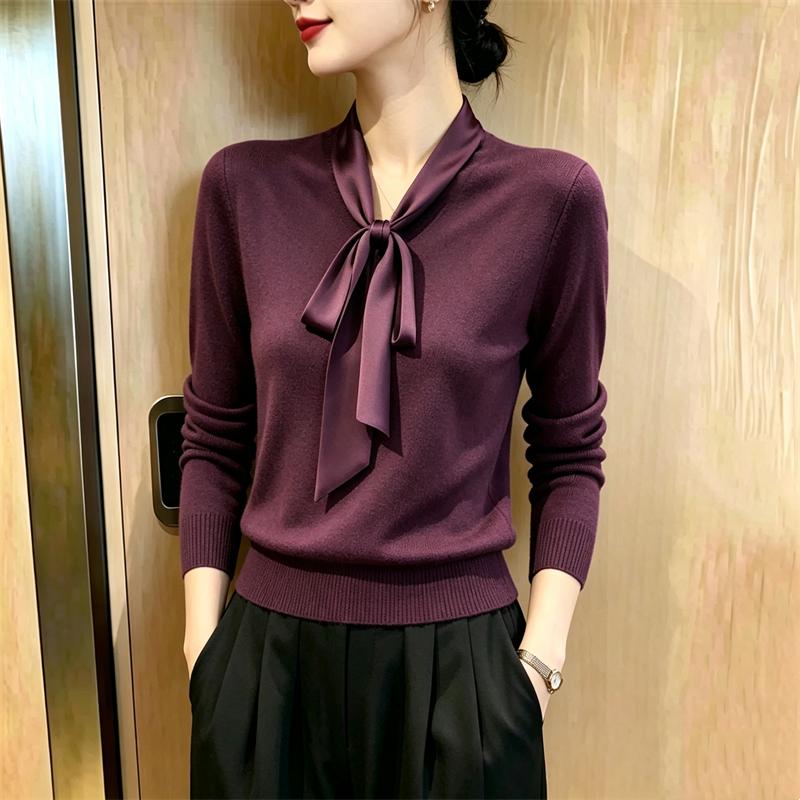 Women S Long Sleeve Knit Top With Bow Detail Slim Fit Inner Wear
