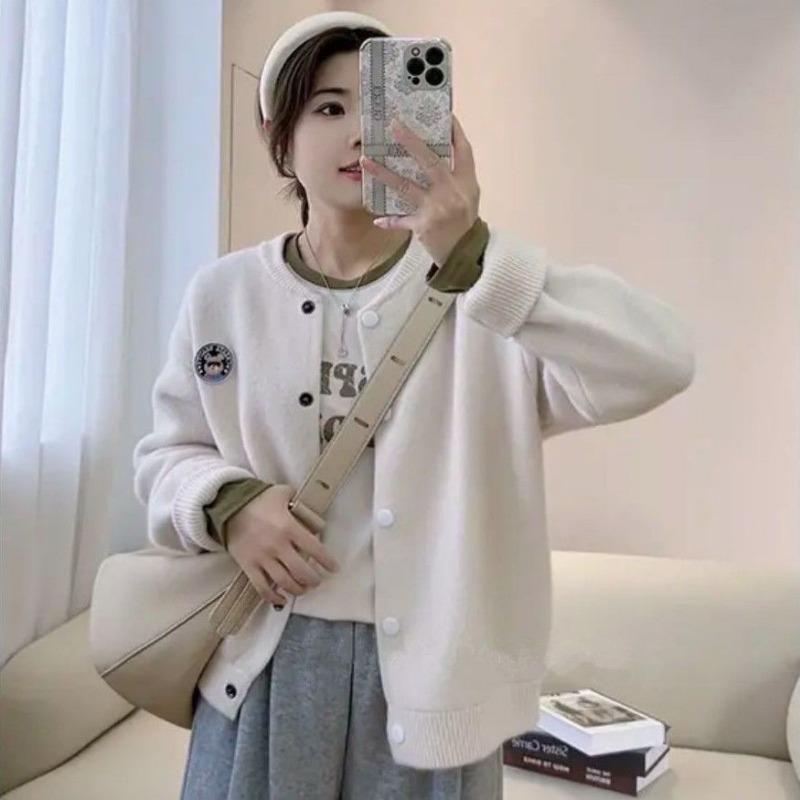Кардиганы Instagram с круглым вырезом, однотонный свитер с вышивкой, куртка для женщин, новый нишевый мягкий клейкий топ в ленивом стиле