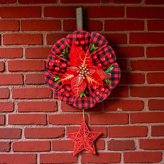 Christmas Wreath Decoration Red Artificial Poinsettias Buffalo Plaid Wreath With Star/Tree Ornament