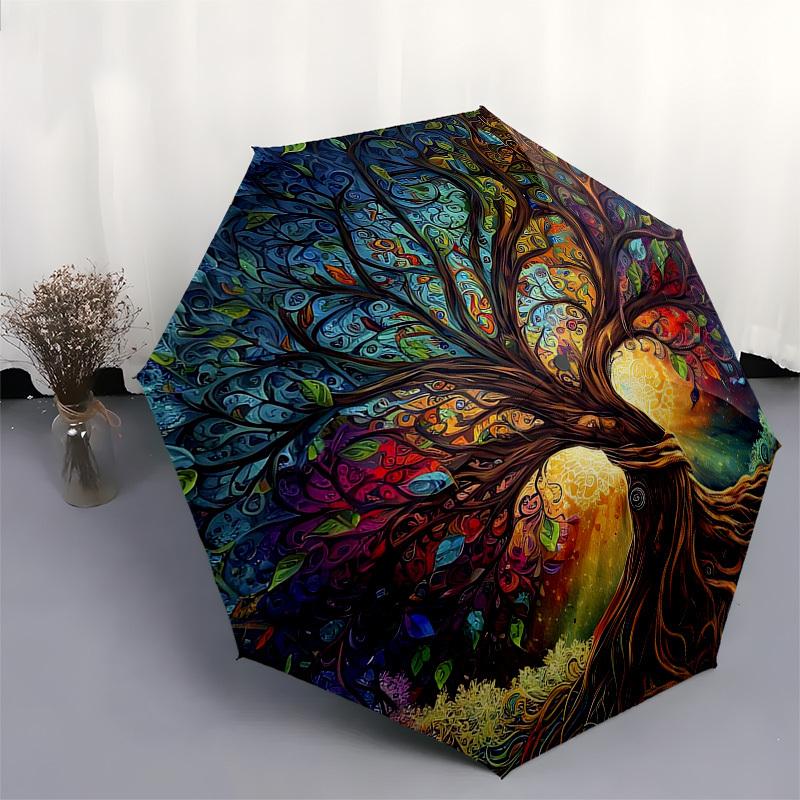 1pc Stained Glass Statue of Liberty Design Automatic Folding Umbrella, Portable 3-Fold Design, 8-Rib Iron Frame Outdoor Umbrella, Ideal Gift for Fans,