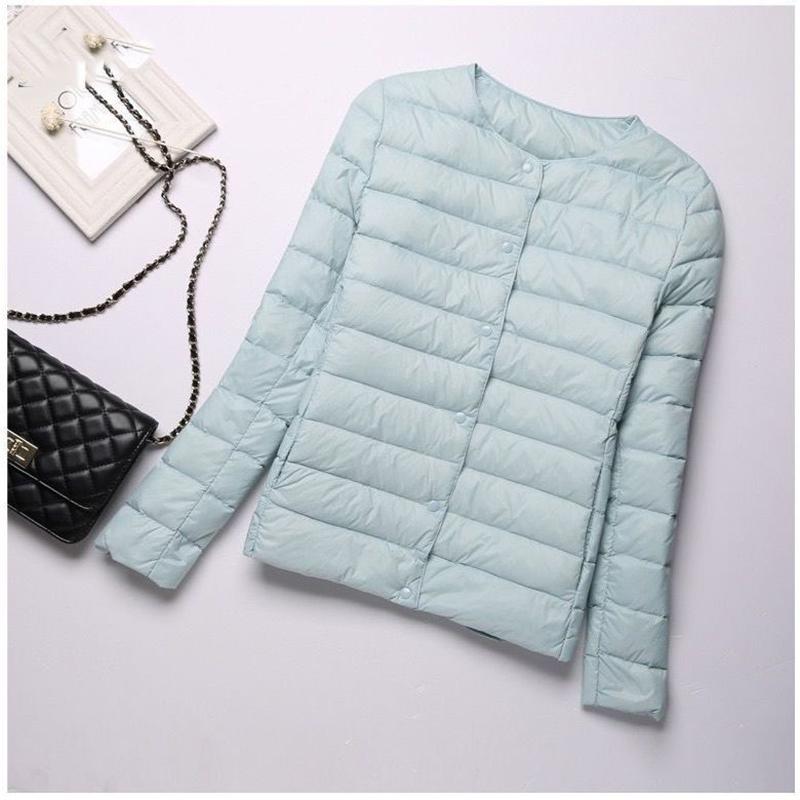 Белый утиный пух, легкий тонкий пуховик, женский круглый вырез, короткая секция, без воротника, осенне-зимняя теплая куртка большого размера с внутренней стороны