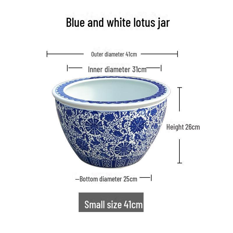Blue & White Ceramic Large Outdoor Vase for Lotus, Aquatic Plants, or Fish