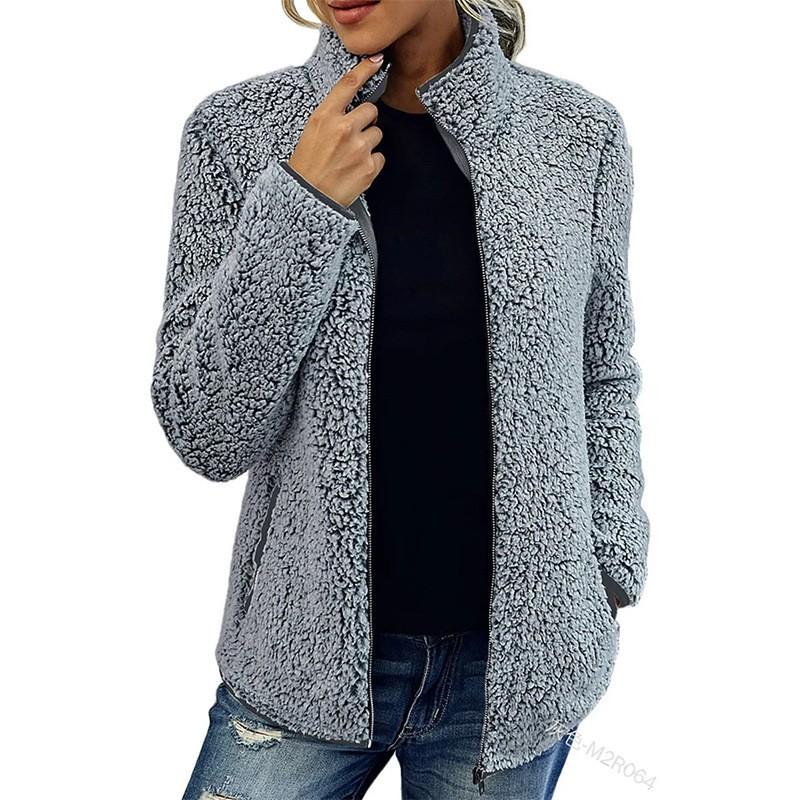 Womens Stand Collar Solid Color Zip-Up Fleece Sweatshirt Loose Fit Long Sleeve Winter Outerwear