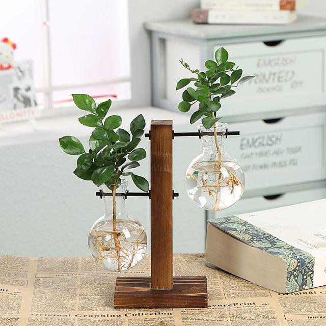Hydroponic Plants Glass Vase Retro Pot Flower Arrangement Container Wood Frame Glass Desktop Bonsai Decoration Creative Log Style