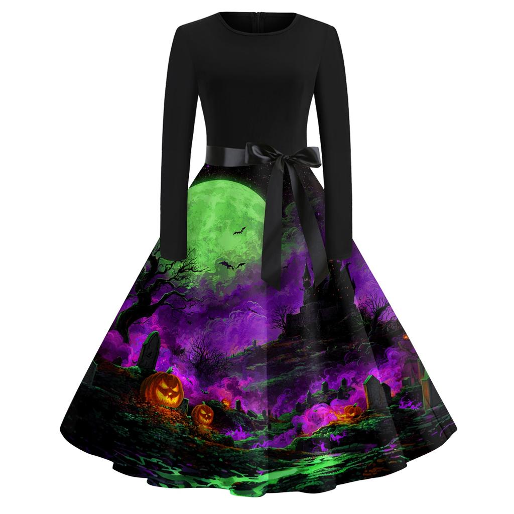 Women's Vintage Long Sleeve Round Neck Halloween Party Dress with Printed Skirt and Waist Tie Elegant Retro Style