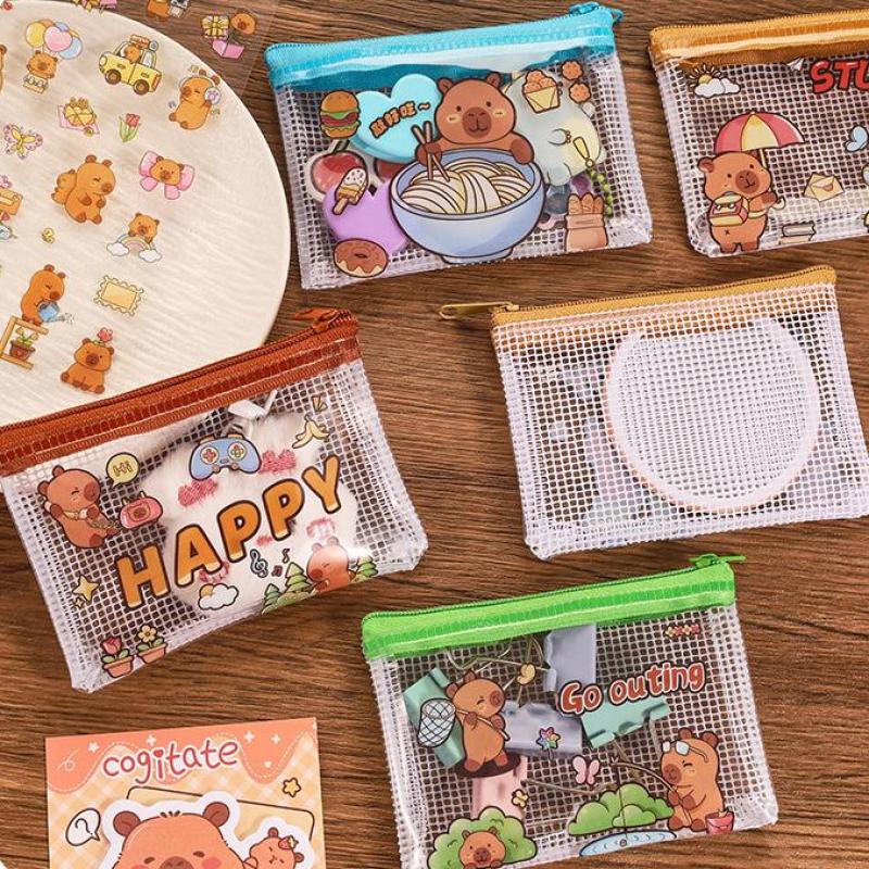 2 шт. Милая сумка для хранения монет Capybara, прозрачная сетка на молнии, кошельки для монет, мультяшный кошелек, портативные водонепроницаемые прозрачные сумки, подарки