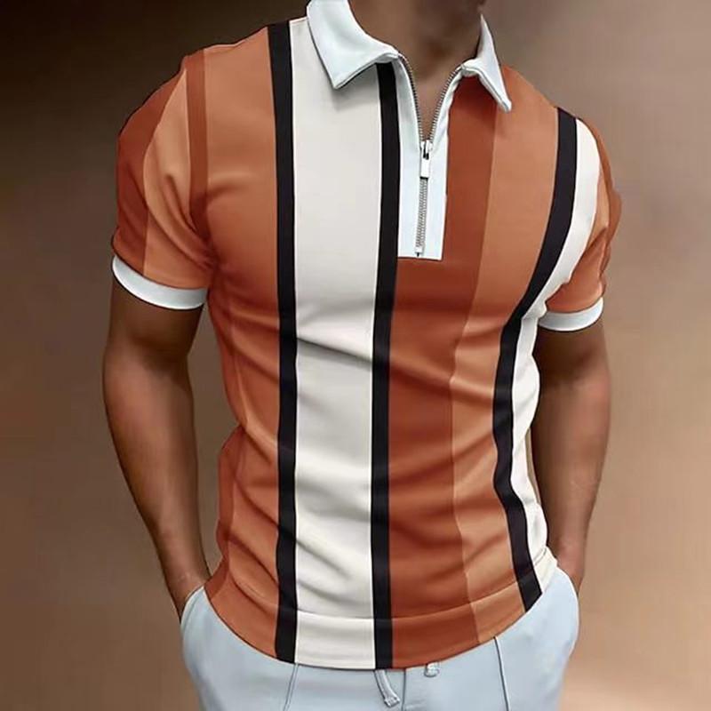 Slim Fit Striped Short-sleeve Polo, Half-zip, Casual Style