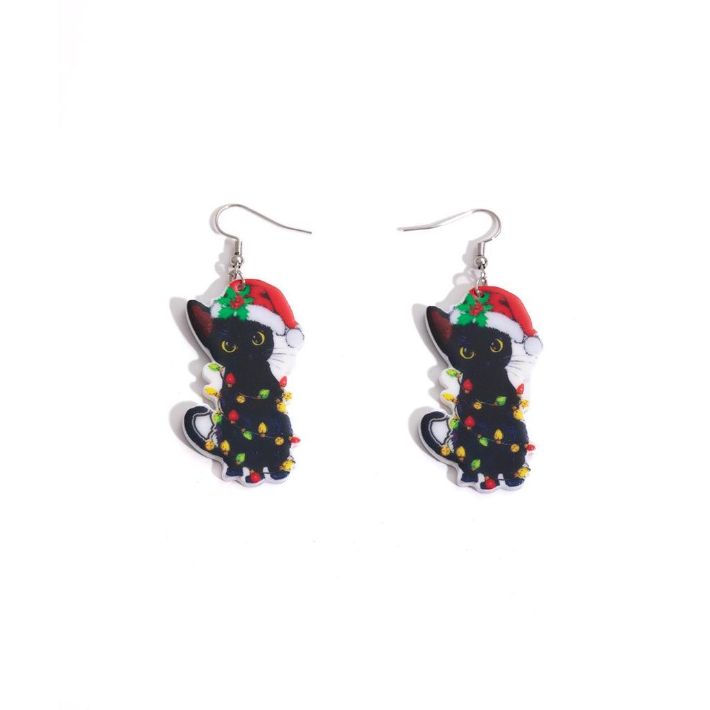 European & American Style Cute Kitten Christmas Earrings: Colorful Hat & Lights Acrylic Dangle Earrings