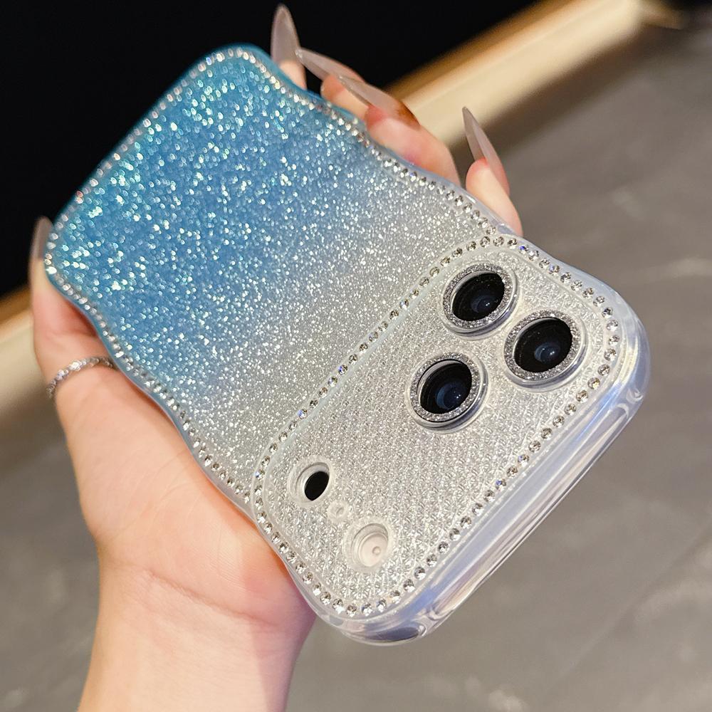 KEYSION Чехол для телефона с градиентом, блестками и стразами для iPhone 16 17 Pro Max Air 16 Plus, с волнистым краем, защитой камеры, противоударный