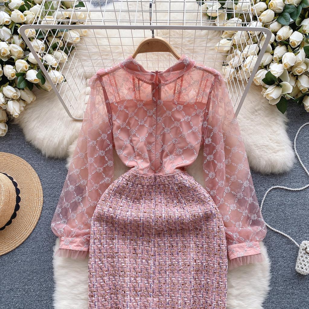 Новые весенние женские сетчатые твидовые вечерние платья в клетку с вышивкой, роскошное розовое мини-короткое платье с вышивкой бисером и бриллиантами