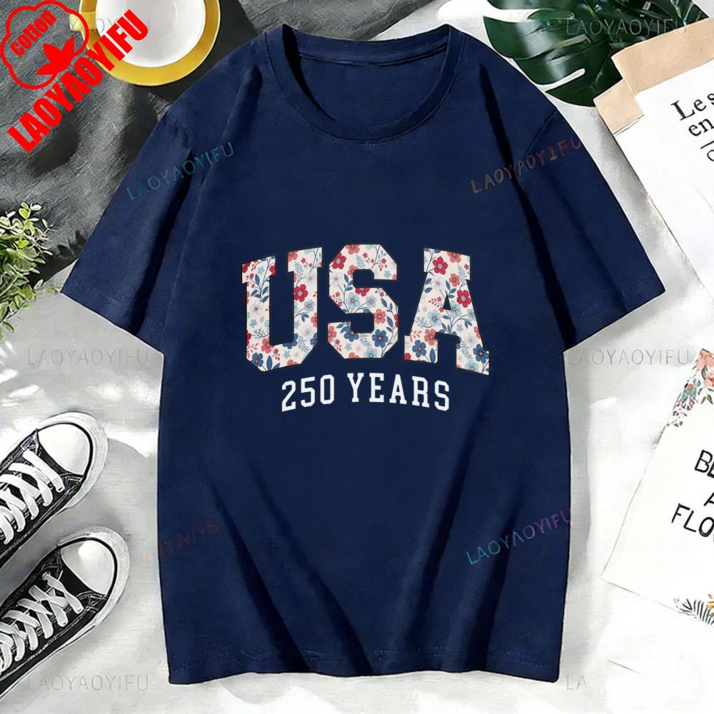 T Shirt Women Cotton Short Sleeve O Neck Casual Fashion Usa 250 Years Floral Print Top For Her Summer Holiday Gift